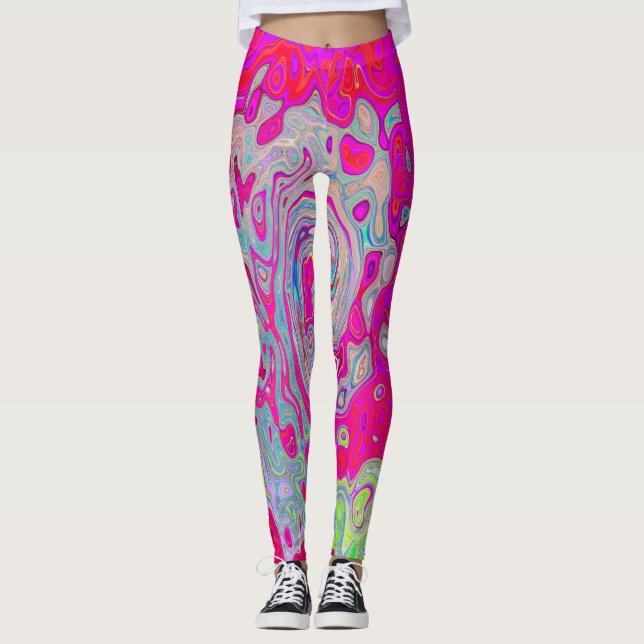 Groovy Abstrakt Teal Blå och Röd Virvel Leggings (Framsida)
