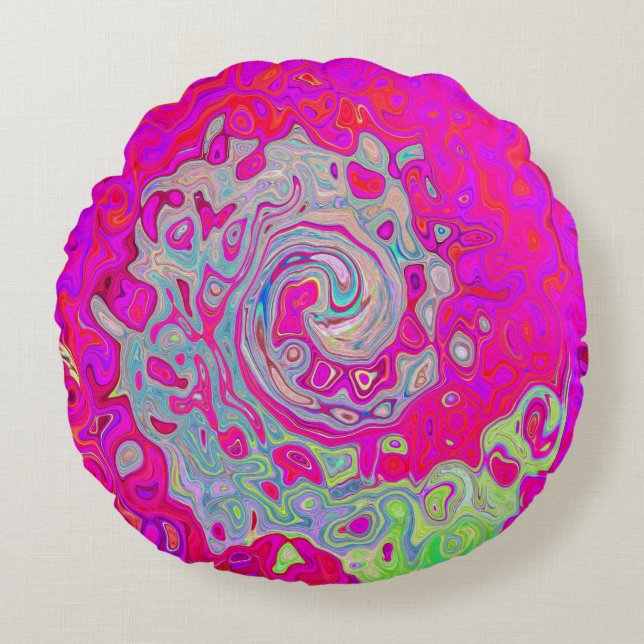 Groovy Abstrakt Teal Blue och Red Swirl Rund Kudde (Framsidan)