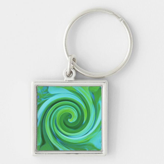 Groovy Abstrakt Turcos Liquid Swirl Painting Fyrkantig Silverfärgad Nyckelring (Framsidan)