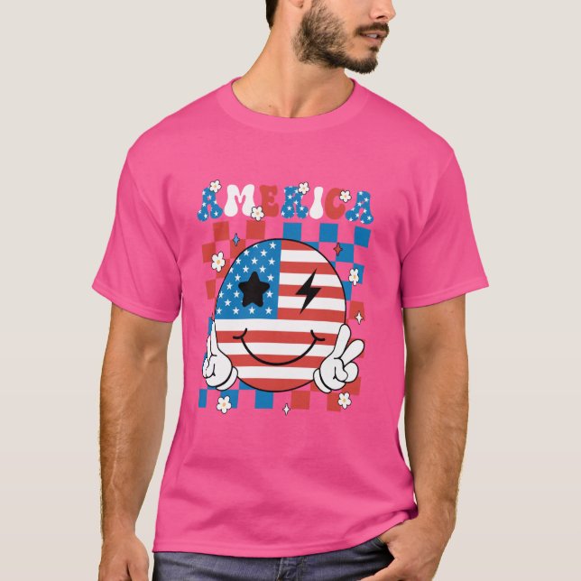 Groovy America Smile Ansikte Patriotic 4:e Jul T Shirt (Framsida)