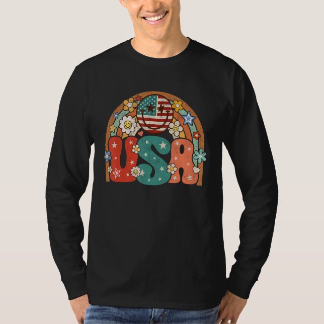 Groovy American Flag USA Retro Rainbow Smile Face  T Shirt (Framsida)