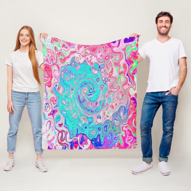 Groovy Aqua Blue och Rosa Abstrakt Retro Swirl Fleecefilt (På plats)