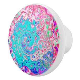 Groovy Aqua Blue och Rosa Abstrakt Retro Swirl Knopp