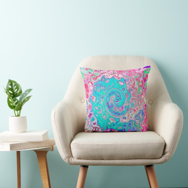 Groovy Aqua Blue och Rosa Abstrakt Retro Swirl Kudde (Stol)