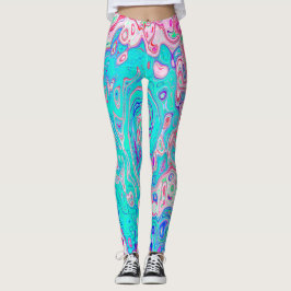 Groovy Aqua Blue och Rosa Abstrakt Retro Swirl Leggings