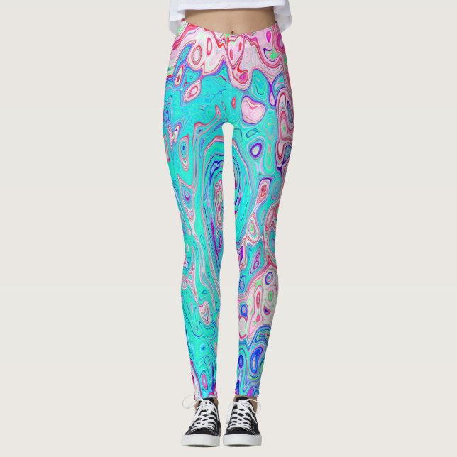 Groovy Aqua Blue och Rosa Abstrakt Retro Swirl Leggings (Framsida)