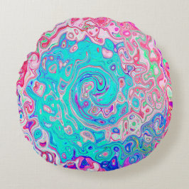 Groovy Aqua Blue och Rosa Abstrakt Retro Swirl Rund Kudde