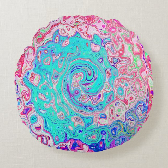 Groovy Aqua Blue och Rosa Abstrakt Retro Swirl Rund Kudde (Framsidan)