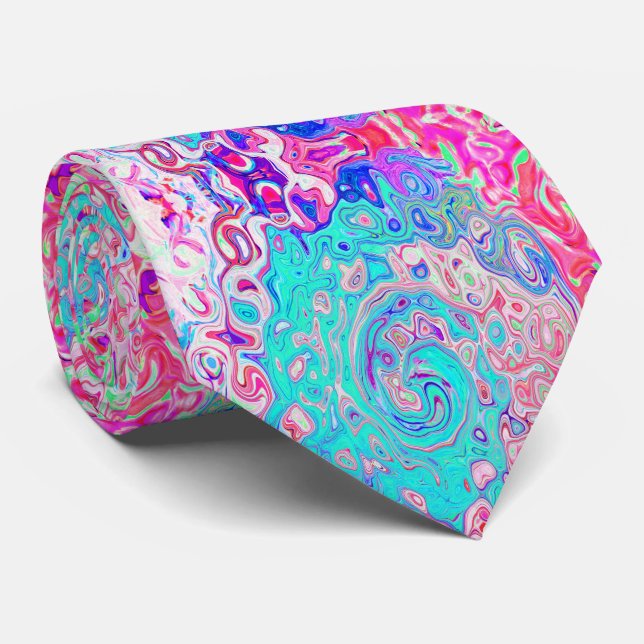 Groovy Aqua Blue och Rosa Abstrakt Retro Swirl Slips (Rullad)