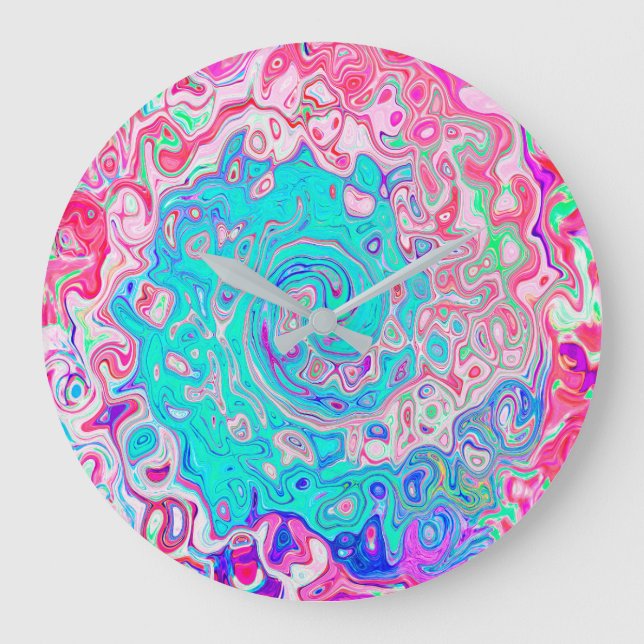 Groovy Aqua Blue och Rosa Abstrakt Retro Swirl Stor Klocka (Framsida)