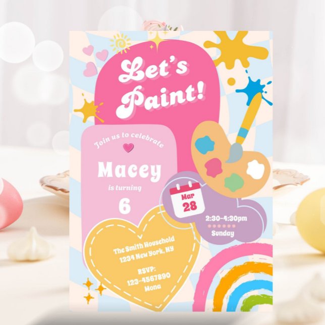 Groovy Art Party Painting Födelsedagsfest Girl Inbjudningar (Painting Birthday Party Invitation, ANY AGE, Daisy Paint Party Birthday Invite, Retro Girl, Paint Bi)