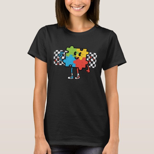 Groovy Autism Awareness Puzzle Retro Men Women Kid T Shirt (Framsida)