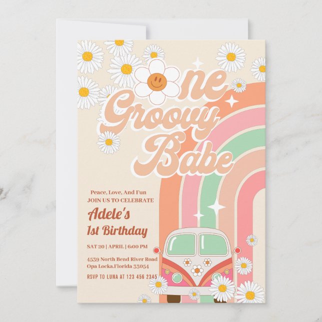 Groovy Babe Rosa Van Daisy Rainbow 1st Birthday Inbjudningar (Framsida)