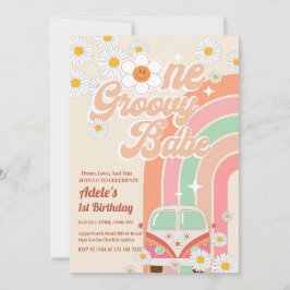 Groovy Babe Rosa Van Daisy Rainbow 1st Birthday Inbjudningar