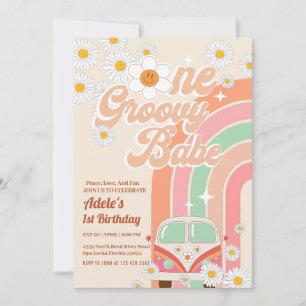 Groovy Babe Rosa Van Daisy Rainbow 1st Birthday Inbjudningar