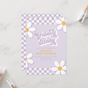 Groovy Baby Retro Check Lila Daisy Inbjudningar