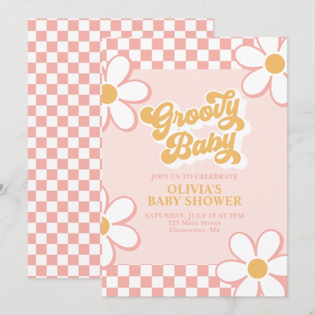 Groovy Baby Retro Check Rosa Daisy Inbjudningar (Fram/baksida)