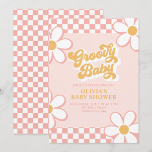 Groovy Baby Retro Check Rosa Daisy Inbjudningar