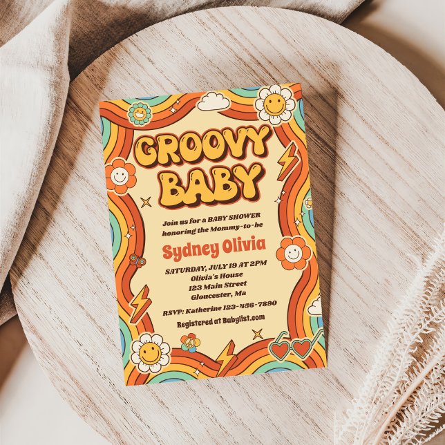 Groovy Baby Retro Rainbow Baby Shower Party Inbjudningar (Skapare uppladdad)