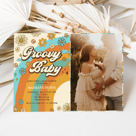 Groovy Baby Retro Rainbow Baby Shower Party Photo Inbjudningar