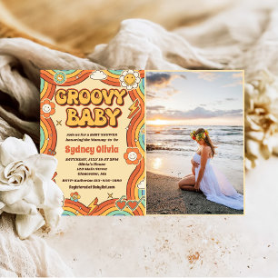 Groovy Baby Retro Rainbow Baby Shower Party Photo Inbjudningar