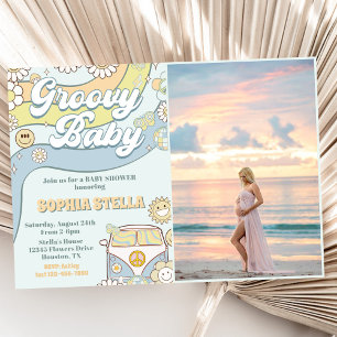 Groovy Baby Retro Rainbow Baby Shower Party Photo Inbjudningar