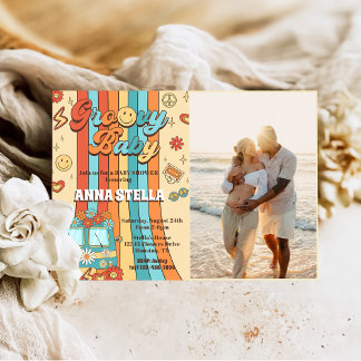 Groovy Baby Retro Rainbow Baby Shower Party Photo Inbjudningar