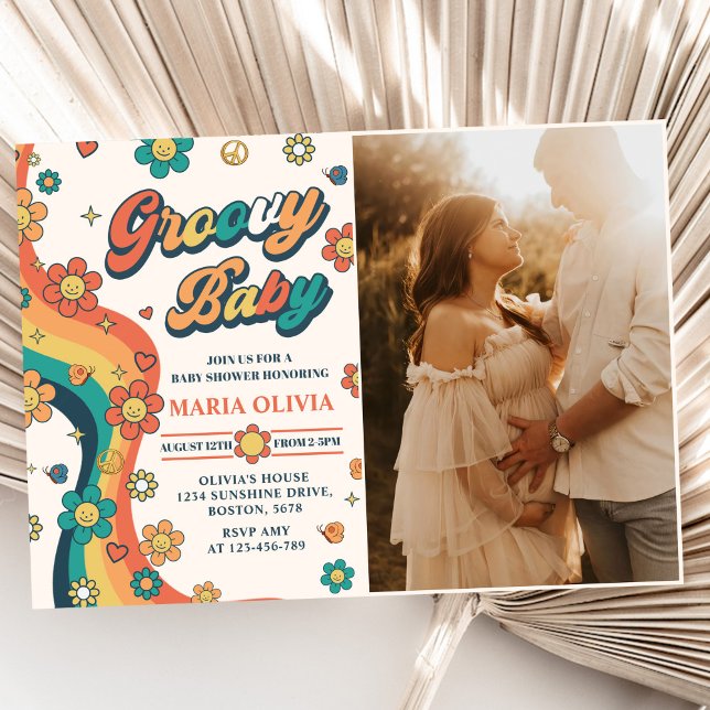 Groovy Baby Retro Rainbow Baby Shower Party Photo Inbjudningar (Skapare uppladdad)