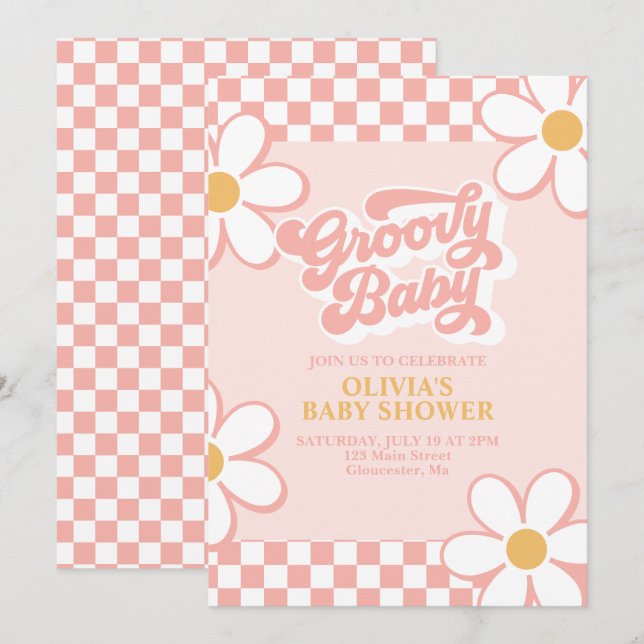 Groovy Baby Retro Rosa Prästkrage Inbjudningar (Fram/baksida)