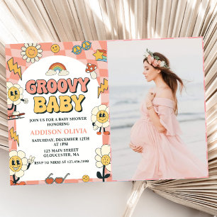 Groovy Baby Retro Van Rosa Baby Shower Party Inbjudningar