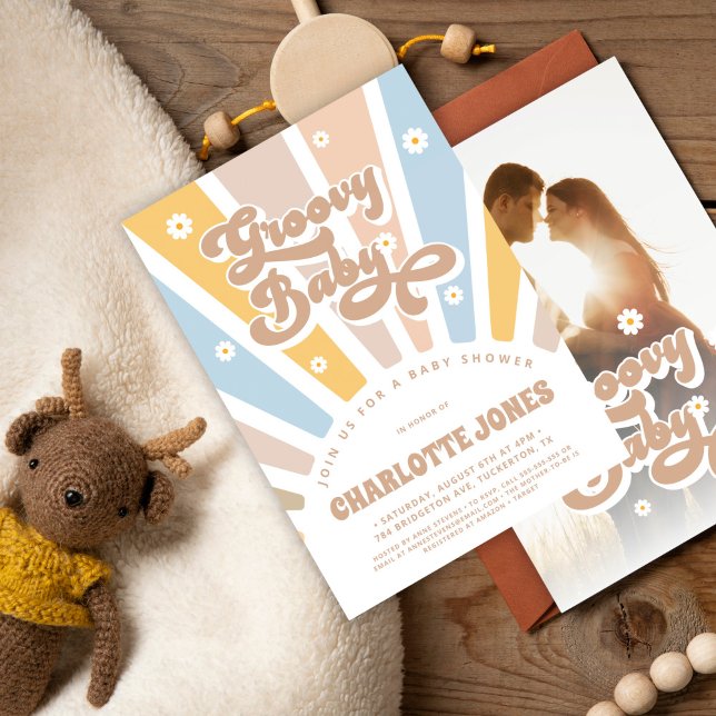 Groovy Baby Rosa Retro Daisys Photo Baby Shower Inbjudningar (Skapare uppladdad)