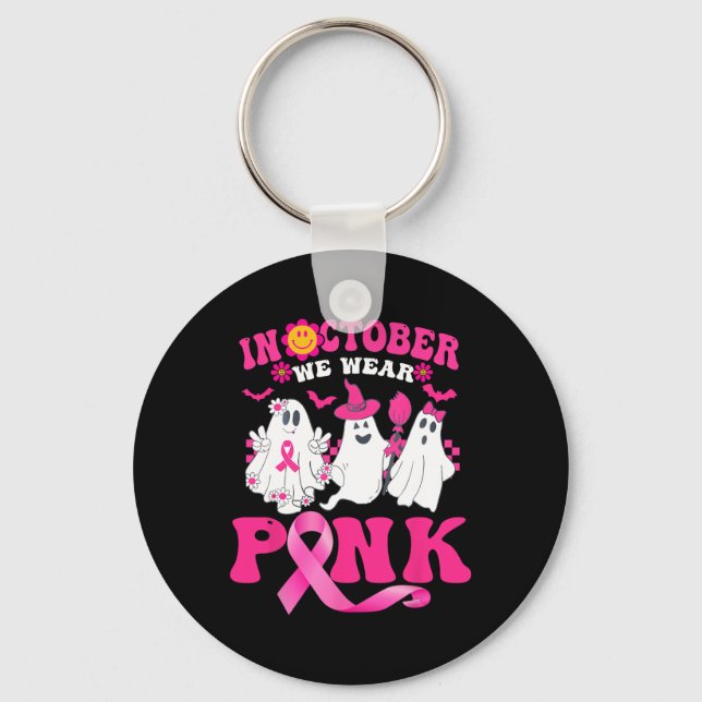 Groovy Bära Rosa Breast Cancer Warrior Cute Ghost Nyckelring (Framsida)