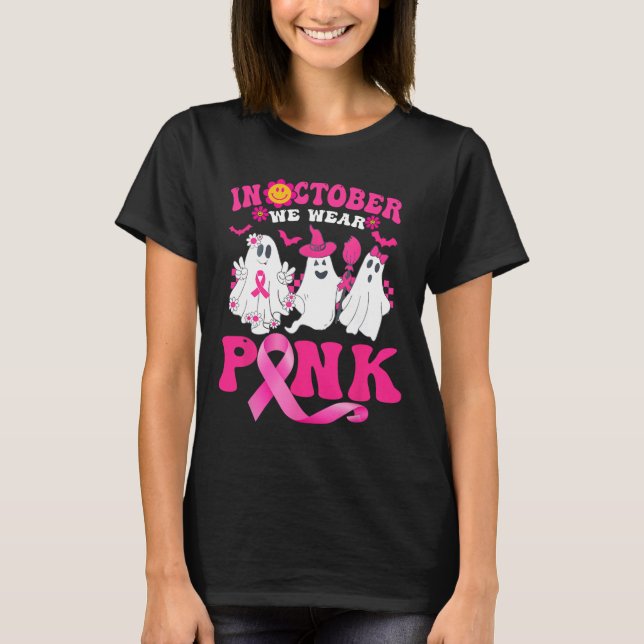 Groovy Bära Rosa Breast Cancer Warrior Cute Ghost T Shirt (Framsida)