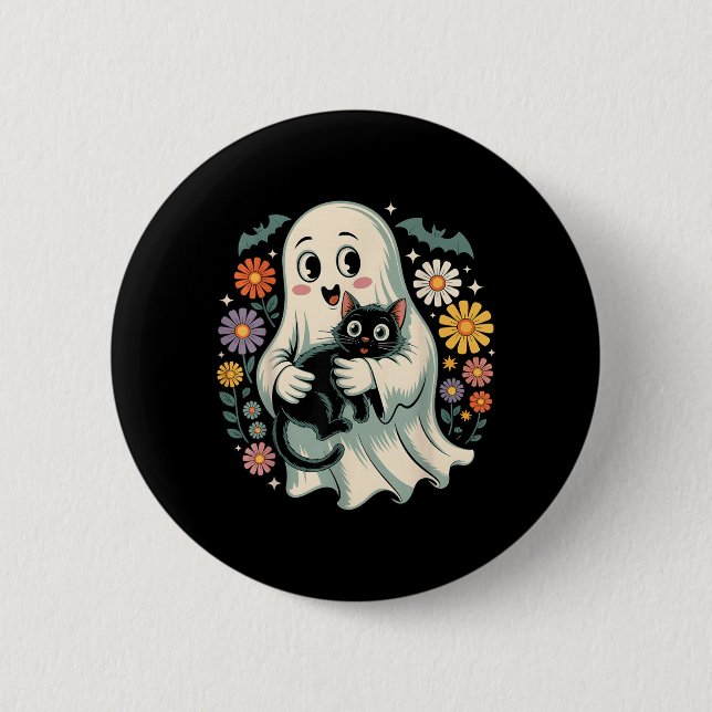 Groovy Blom Ghost Håller Svart Katt Halloween Knapp (Framsida)