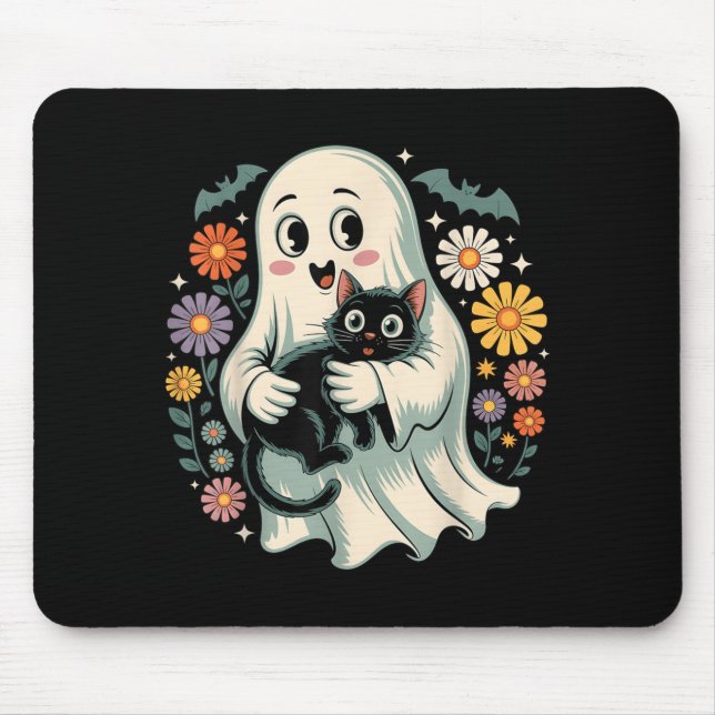 Groovy Blom Ghost Håller Svart Katt Halloween Musmatta (Framsidan)