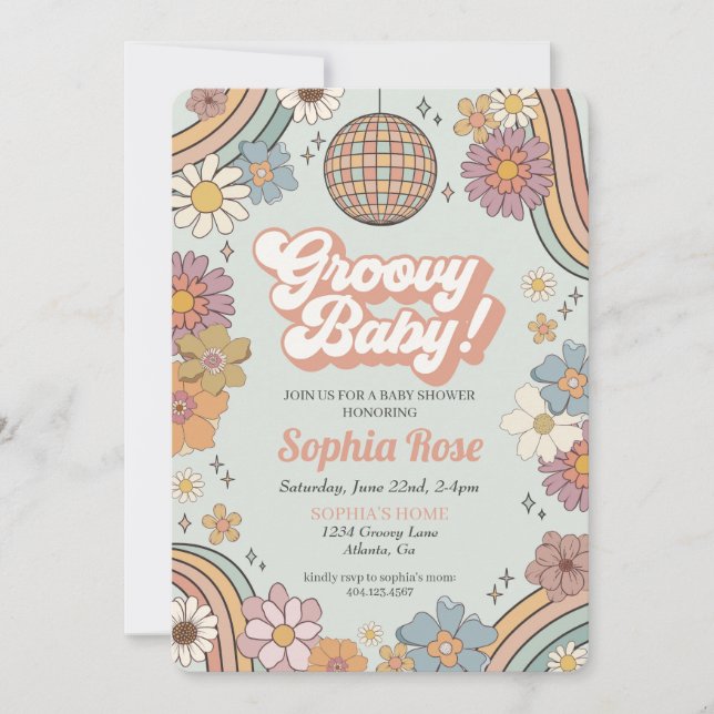 Groovy Blommigt Baby Shower, 70:s reflethema inbju (Framsida)