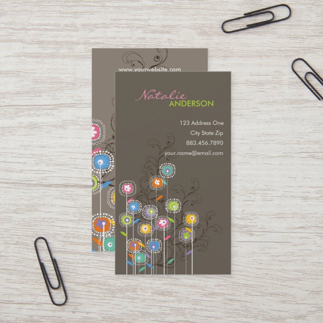 Groovy Blomsterträdgård Vitaktig färgad Blommigt Visitkort (Fram/Back In Situ)