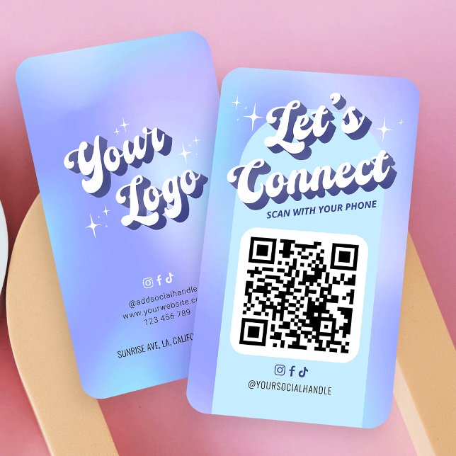 Groovy Blue Lila Trendig Social Media QR-kod Visitkort (Trendy QR code social media business cards with groovy style retro fonts and scannable QR code)