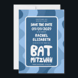 Groovy Blue Vågar Anpassningsbar Fladdermus Pub Bn Spara Datumet<br><div class="desc">Perfekt-kort för att meddela ett pub eller bat mitzvah eller annat judiskt firande och be gästerna att spara datumet! Hand skapade konst åt dig med handtag på framsidan och baksidan! (kolla om det finns alternativ för PUB/FLADDERMUS eller DM) FULLY-ANPASSADE! Klicka på "Anpassa" ovan om du vill redigera texten. Klicka på...</div>