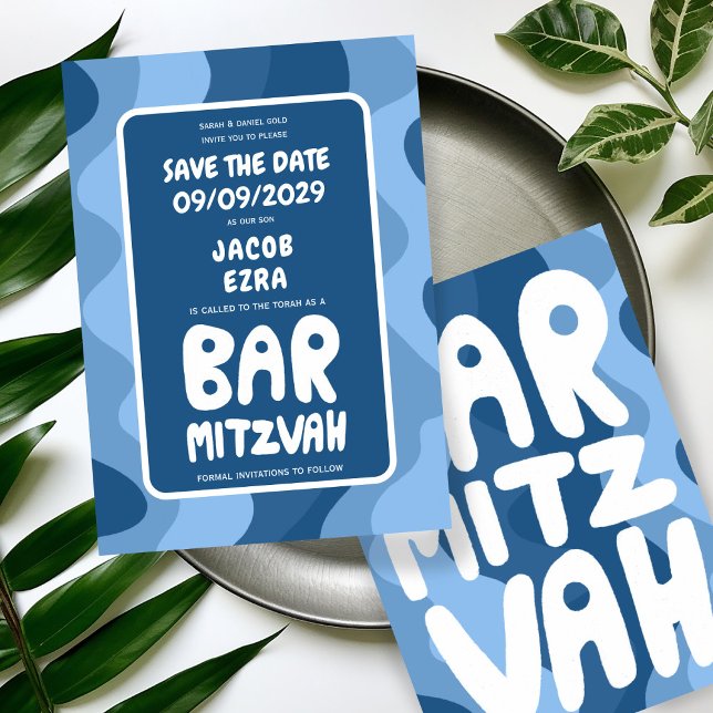 Groovy Blue Vågar Anpassningsbar Fladdermus Pub Bn Spara Datumet (Groovy Blue Waves Custom Bat Bar Bnai Mitzvah Save The Date Card)