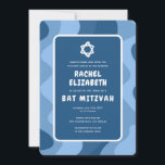 Groovy Blue Vågar Star of David Anpassningsbar Bat Inbjudningar<br><div class="desc">Perfekt-kort för att tillkännage ett bat mitzvah, pub mitzvah eller annat judiskt firande! Hand skapade konst åt dig med hantering på baksidan! FULLT ANPASSADE! Klicka på "Anpassa" ovan om du vill redigera texten. Klicka på "Redigera med verktyg" om du vill justera typsnitt, färg och placeringar och ta bort baksidans design...</div>
