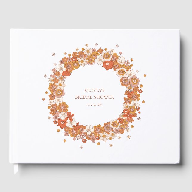 Groovy Boho Orange Blommig Bröllopsdusch Anpassad Gästböcker (Framsida)