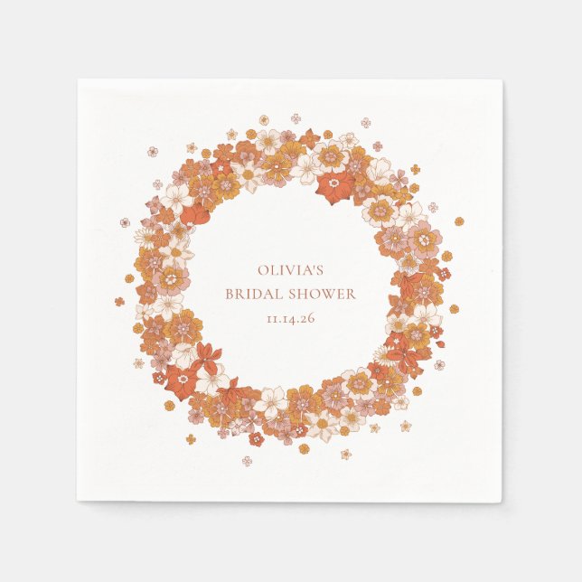 Groovy Boho Orange Blommig Bröllopskalas Anpassad Pappersservett (Framsidan)