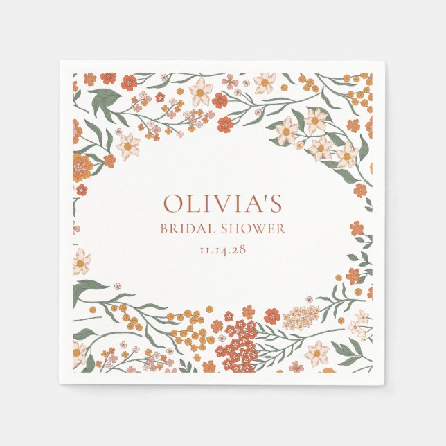 Groovy Boho Orange Vilda Blommor Whimsy Bröllopsdu Pappersservett (Framsidan)