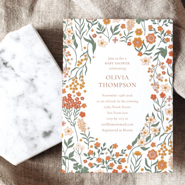 Groovy Boho Orange Wildblomma Stollig Baby Shower Inbjudningar (Skapare uppladdad)