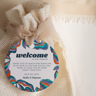 Groovy Boho Retro Blå Teal Vågig Monogram Bröllop Gåvor Etiketter