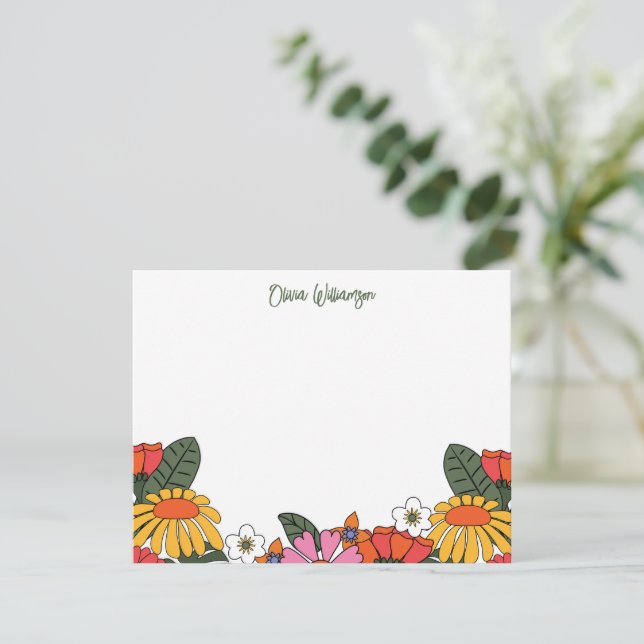 Groovy Boho Retro Flowers Personlig Stationery Anteckningskort (Stående Fram)