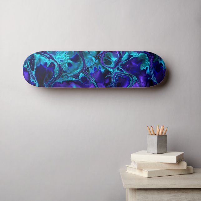 Groovy Boho Vibrerande Blå Monokrom Fraktal Marmor Mini Skateboard Bräda 18,5 Cm (Väggkonst (Horz))