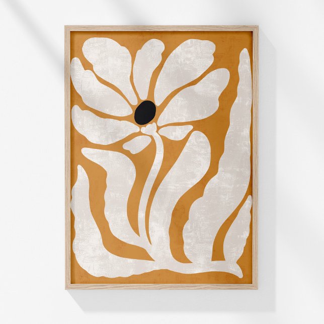 Groovy Burge Orange Abstrakt Flower Wall Art Poster (Boho Burnt Orange Beige Abstract Flower Wall Art in a wooden frame on a sunny white wall.)