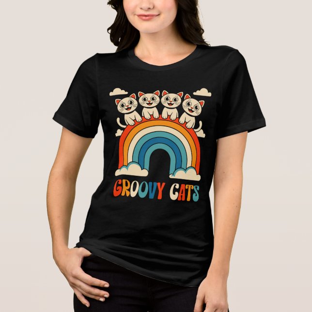 Groovy Cats Retro Regnbågsdesign T Shirt (Framsida)